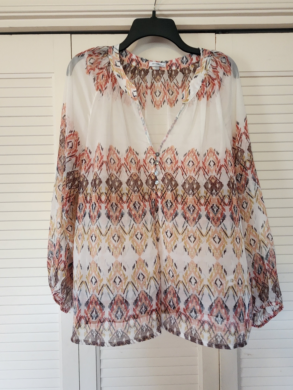 Printed V-Neck Peasant Blouse - White Multi
